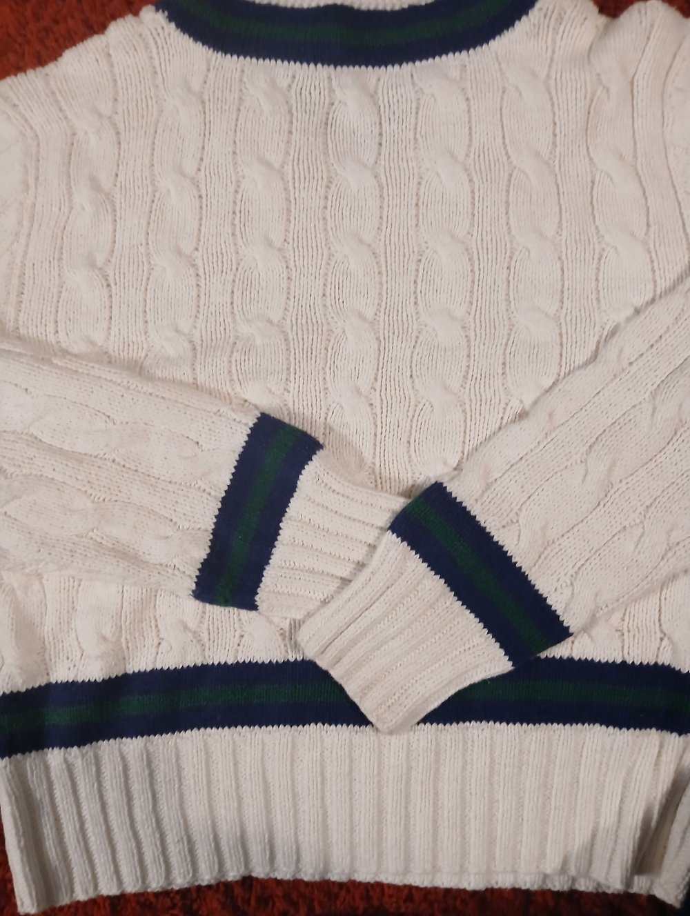 Polo by Ralph Lauren White Cable-Knit V-Neck Sweater with Navy & Green Trim - Picture 7 of 8